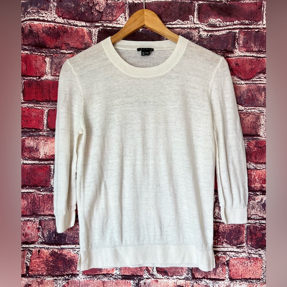 Theory Ivory White 3/4 Sleeve Crewneck Lightweight Knit Sweater M